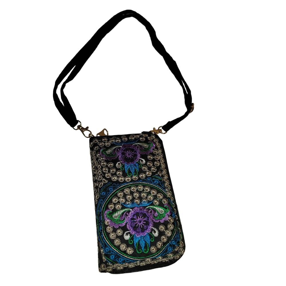 purple Embroidery Sling bag purse Phone Credit card Wallet Adjustable Crossbody